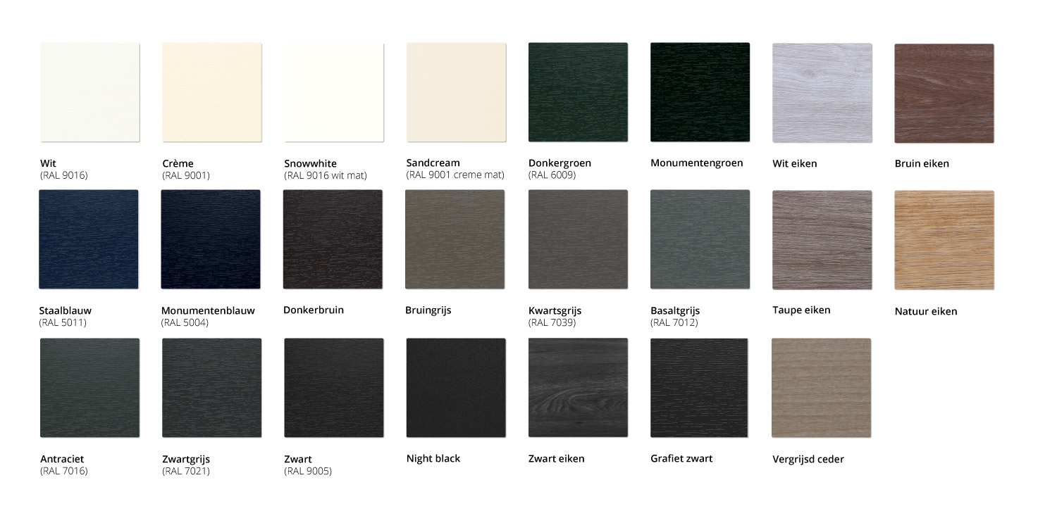 Op deze afbeelding ziet u de kleurenkaart voor Keralit Sponningdeel 167 in 23 verschillende kleuren